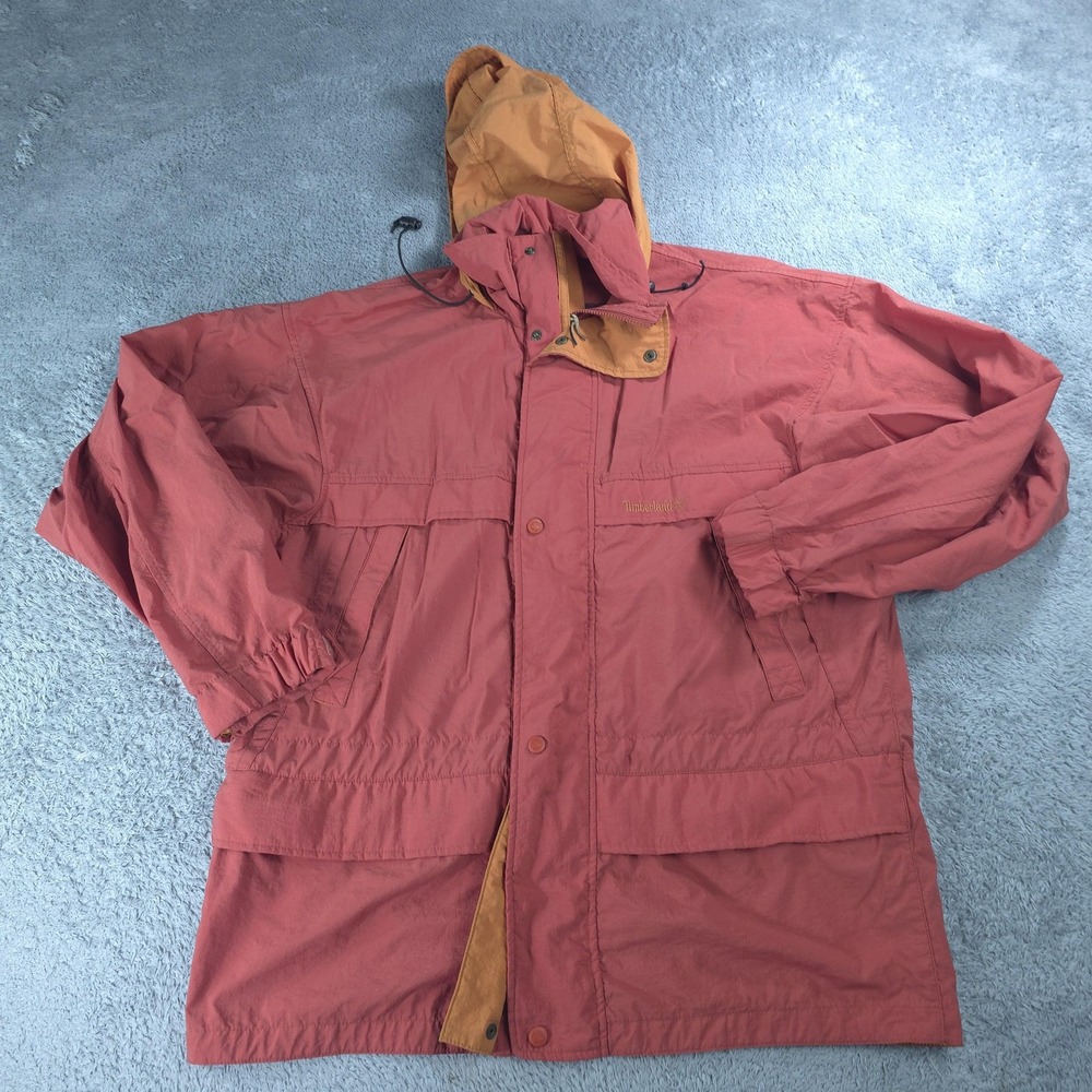 Timberland Jacket Mens Medium Red Hooded Full Zip Weathergear Nylon Parka